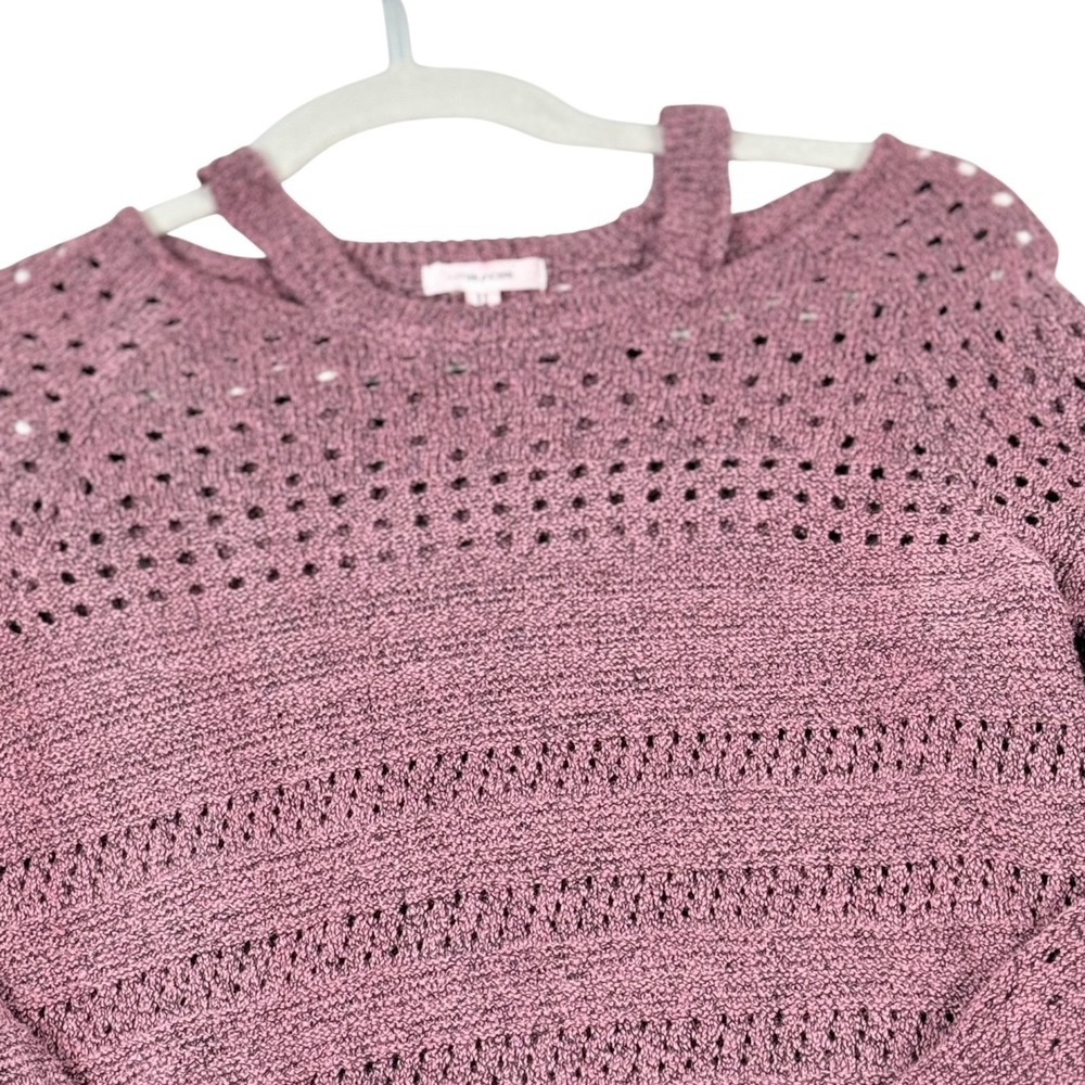 Crochet Cut Out Yoke Sweater Sz XS Binder Slub Open Marled Knit LS High Low Hem